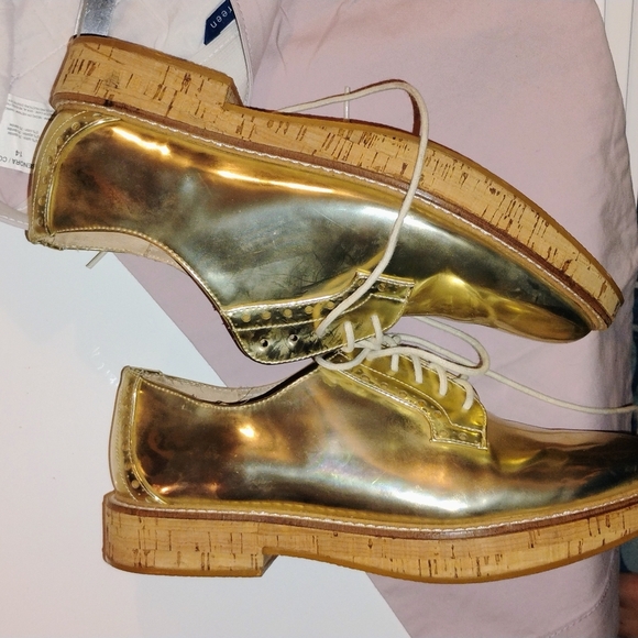 Women's Shiny Gold Mango Shoes Lace Up Cork Soles Size 39 - Picture 2 of 12